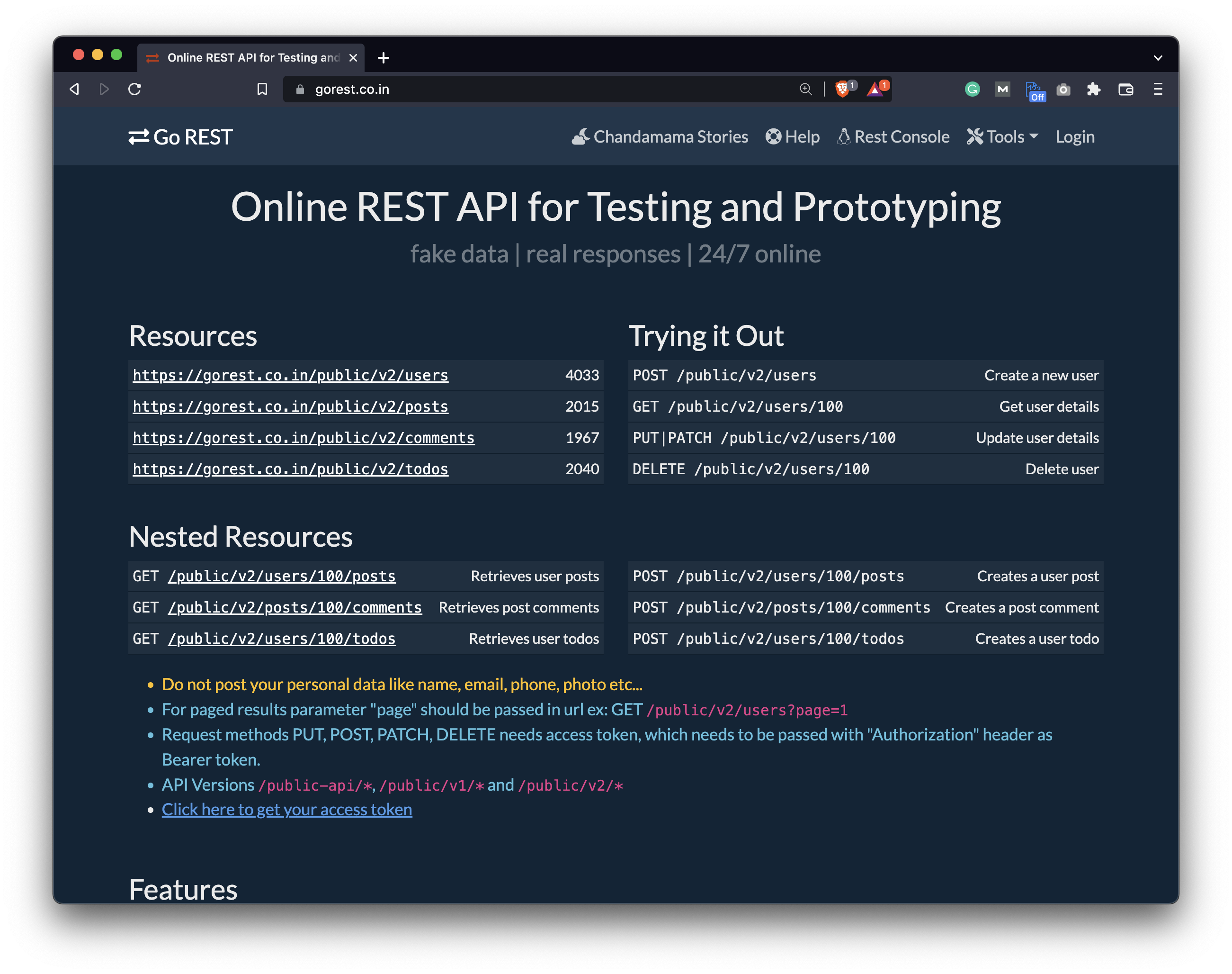 Image 1 - GoRest REST API homepage (image by author)