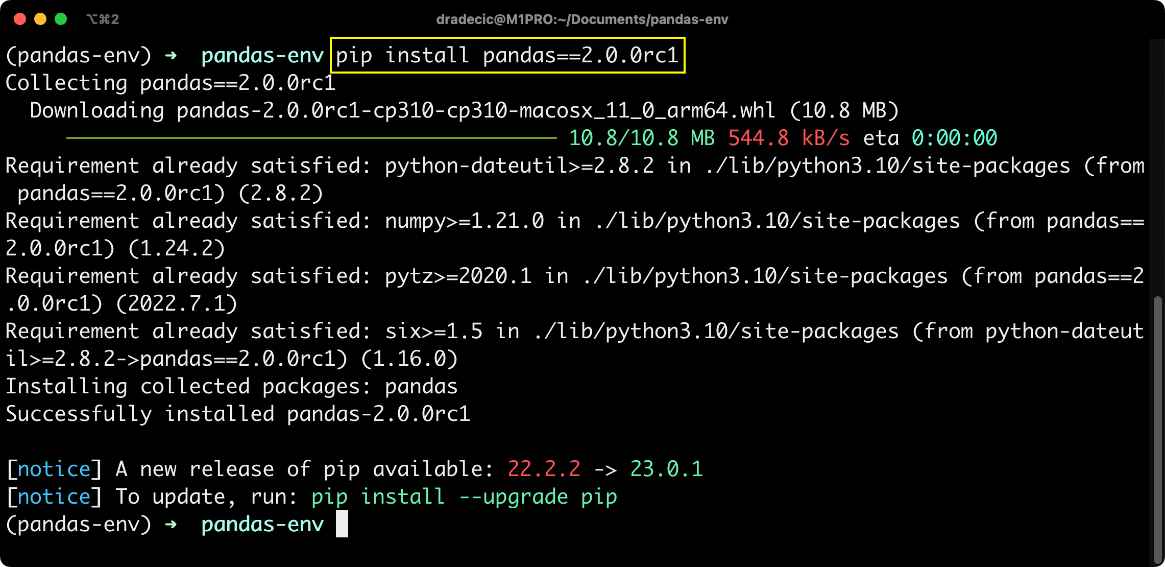 Image 1 - Installing Pandas 2.0 with Pip (Image by author)