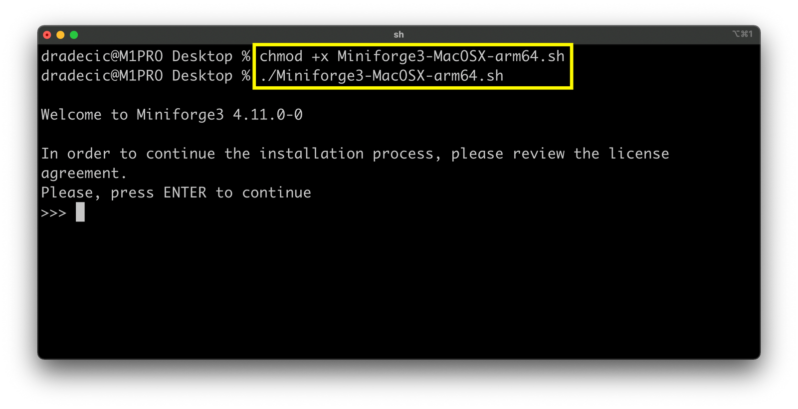 Image 2 - Installing Miniforge from the terminal (image by author)