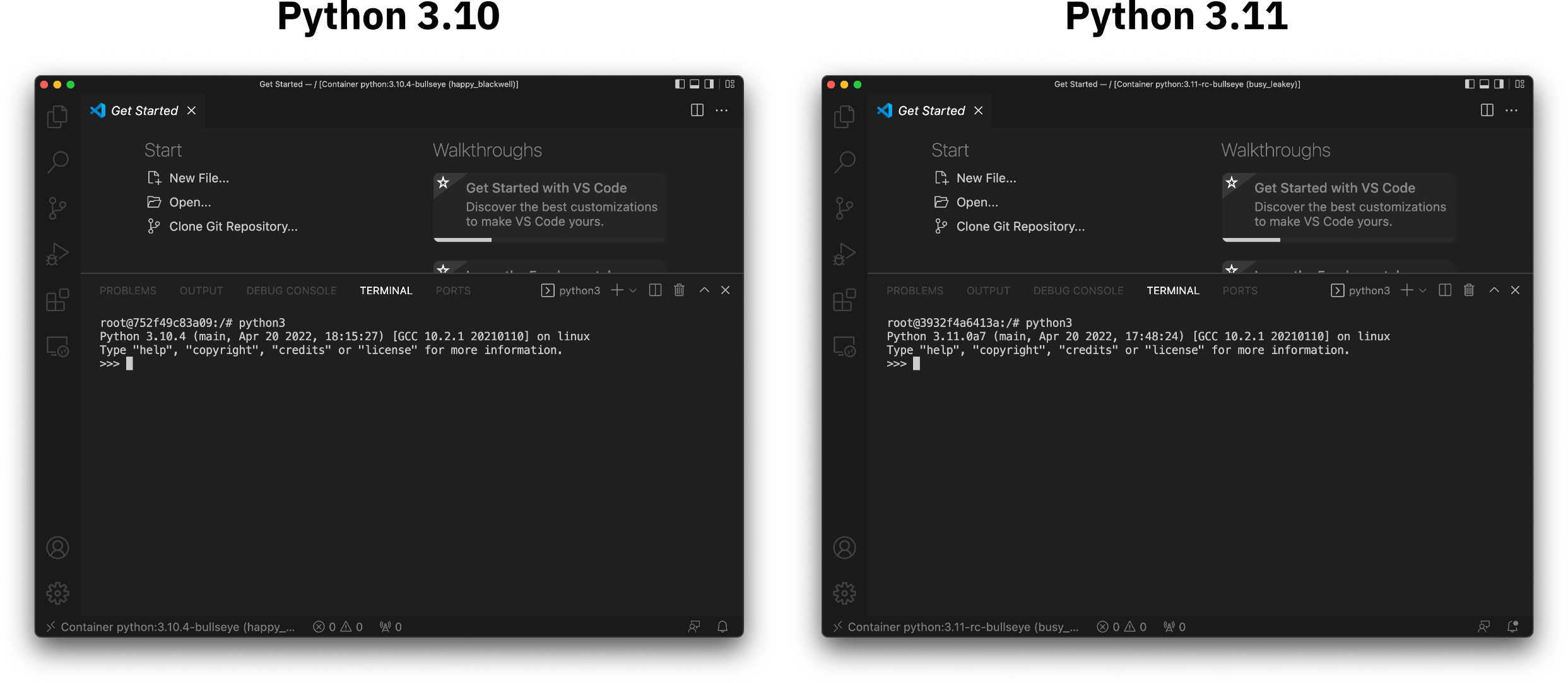 Image 1 - Python 3.10 and 3.11 containers attached in Visual Studio Code (image by author)